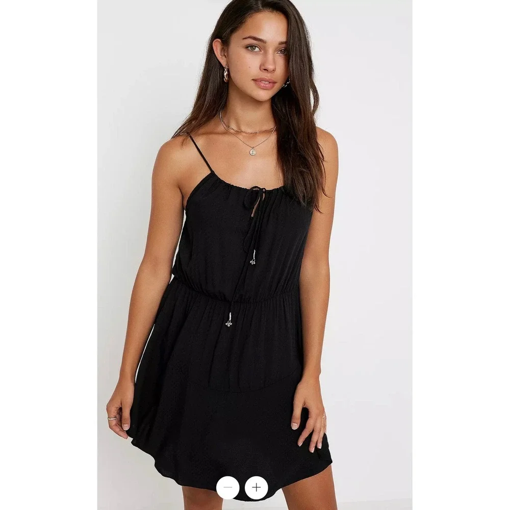 Free People Skate It Up Black Mini Dress Textured Keyhole Tie Beaded Large NWOT